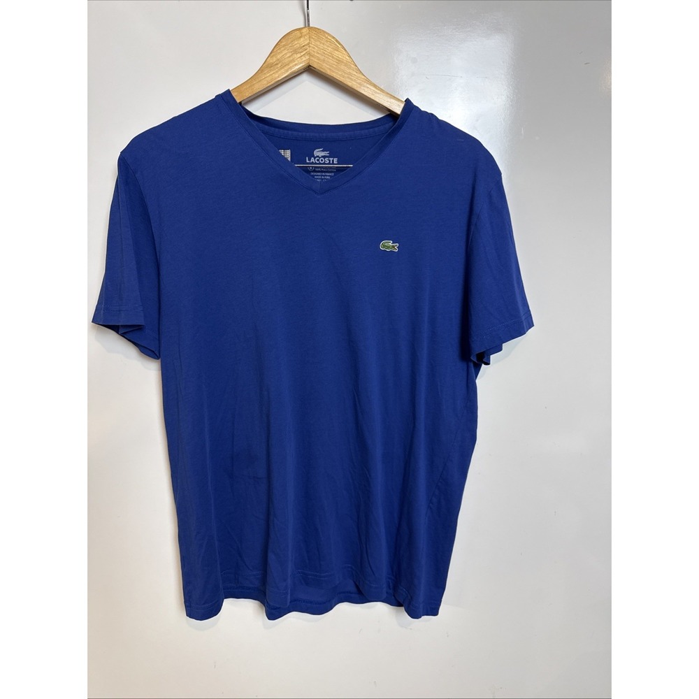 Small - Men - Lacoste Blue V-Neck T-Shirt 100% Pima Cotton (6)